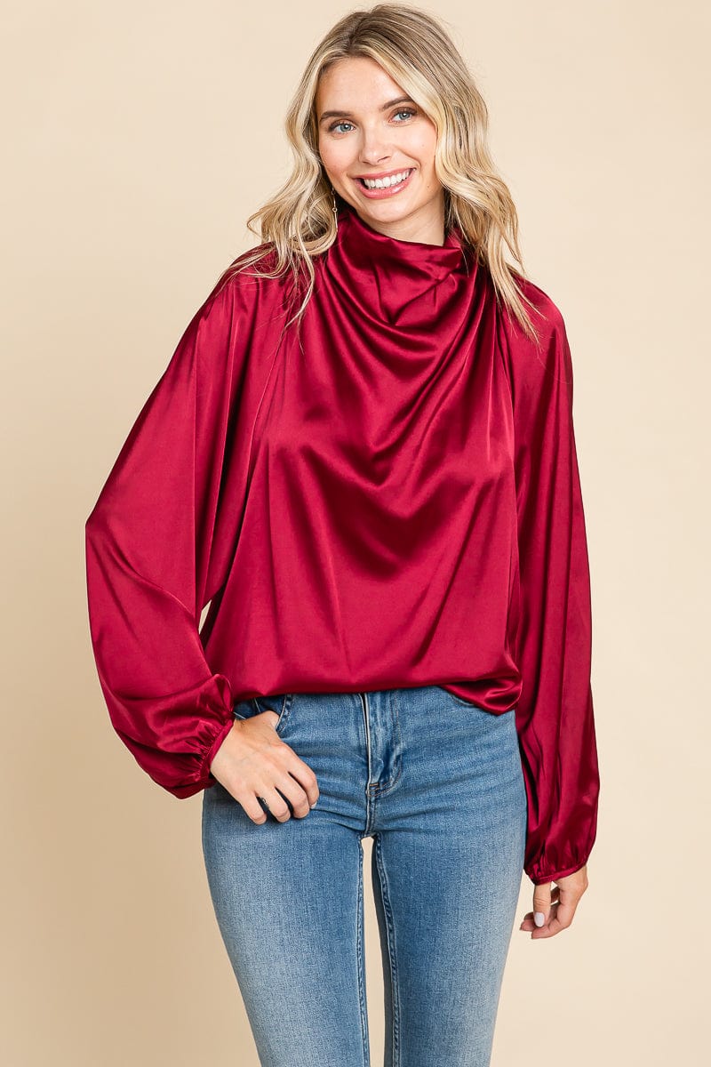 Cowl Neck Long Sleeve Satin Blouse Top
