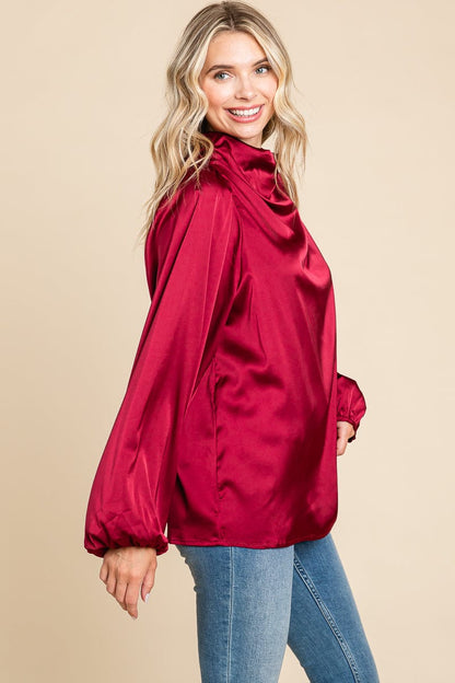 Cowl Neck Long Sleeve Satin Blouse Top