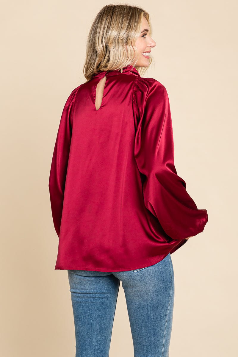 Cowl Neck Long Sleeve Satin Blouse Top
