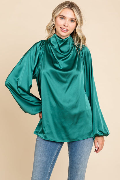 Cowl Neck Long Sleeve Satin Blouse Top
