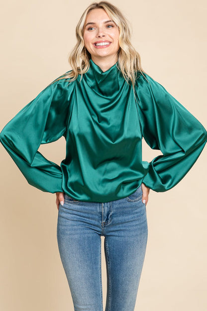 Cowl Neck Long Sleeve Satin Blouse Top