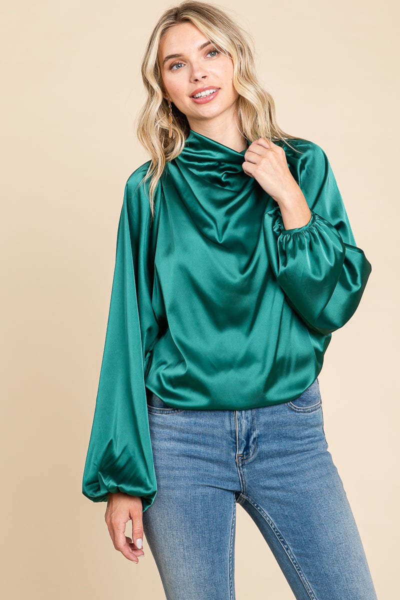 Cowl Neck Long Sleeve Satin Blouse Top