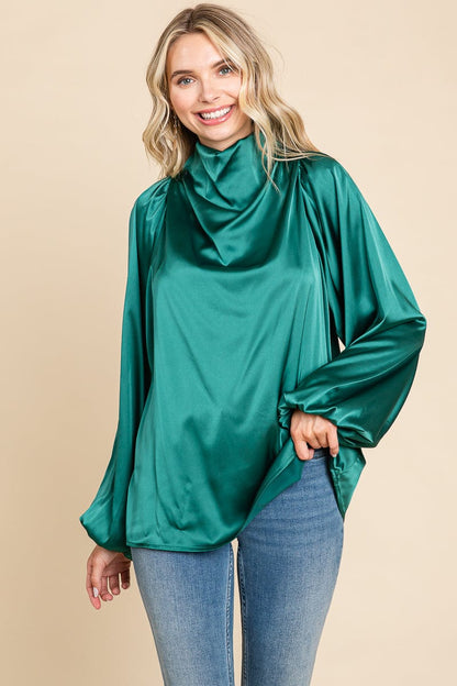 Cowl Neck Long Sleeve Satin Blouse Top