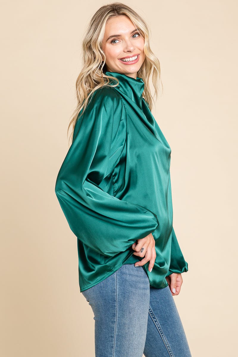 Cowl Neck Long Sleeve Satin Blouse Top