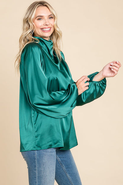 Cowl Neck Long Sleeve Satin Blouse Top
