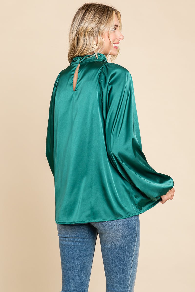 Cowl Neck Long Sleeve Satin Blouse Top
