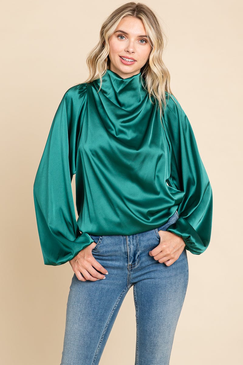 Cowl Neck Long Sleeve Satin Blouse Top