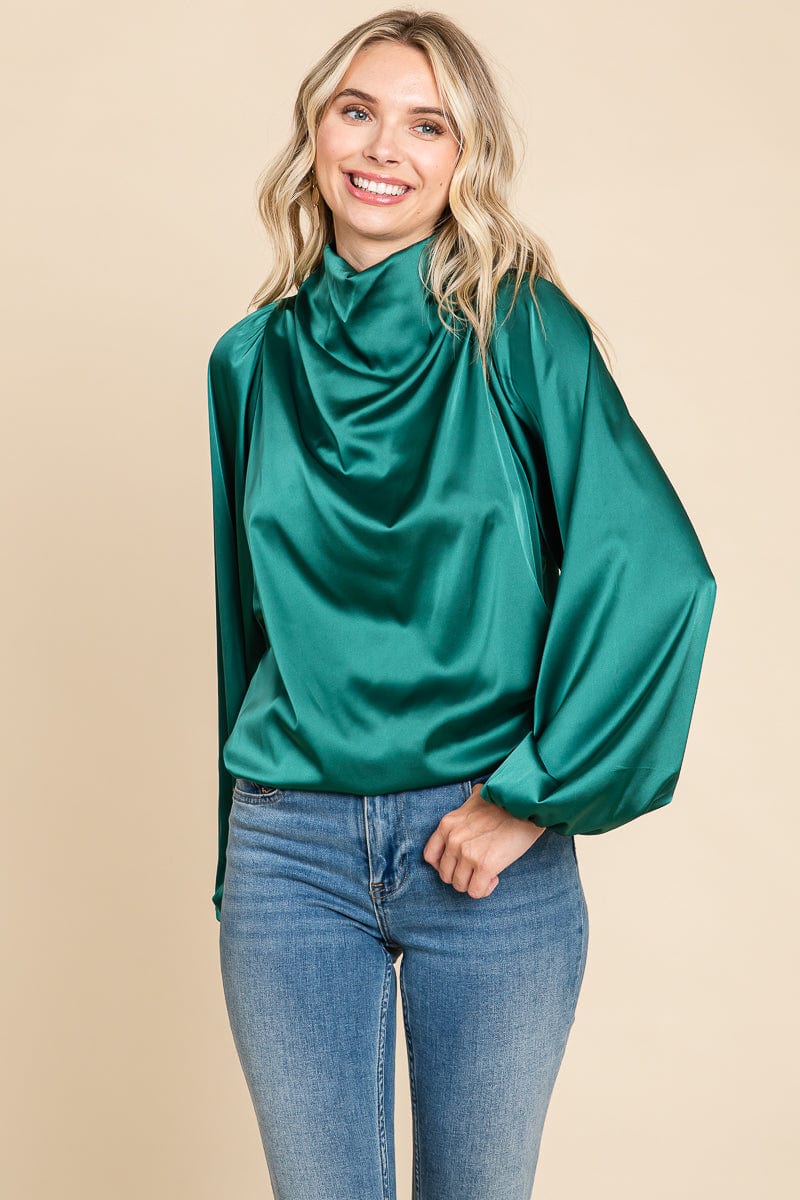 Cowl Neck Long Sleeve Satin Blouse Top