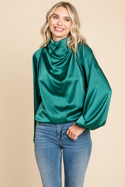 Cowl Neck Long Sleeve Satin Blouse Top