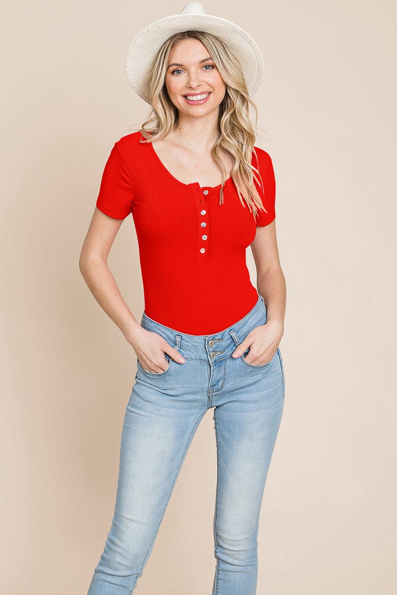 Short Sleeve Scoop Neck Ribbed Henley Bodysuit
