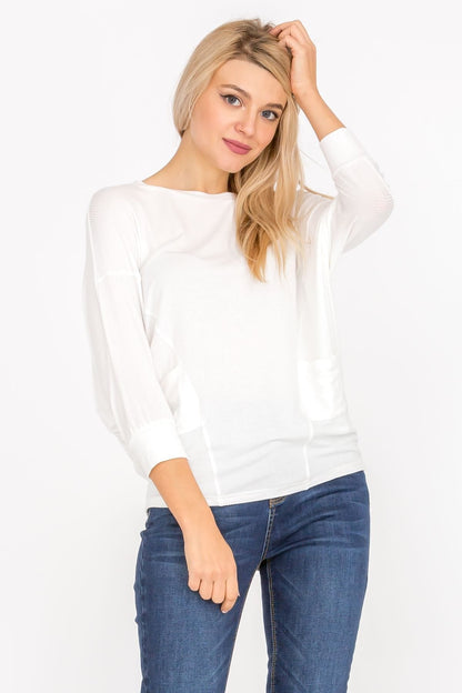 3/4 Sleeve Lightweight Ribbed Dolman Knit Batwing Blouse, Flowy, Thin, Loose Pullover Top