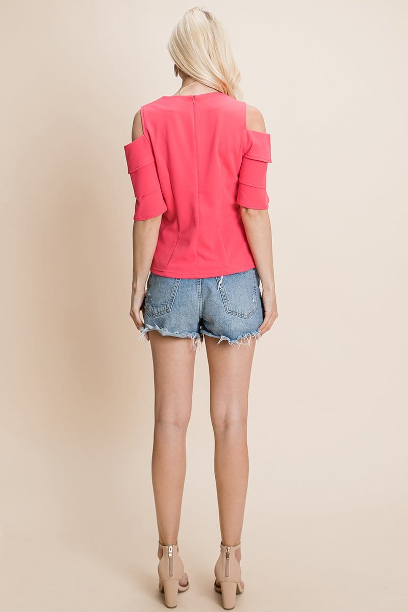 Multi Layered Flutter Short Sleeve Cold Shoulder Tops T Shirt Blouse