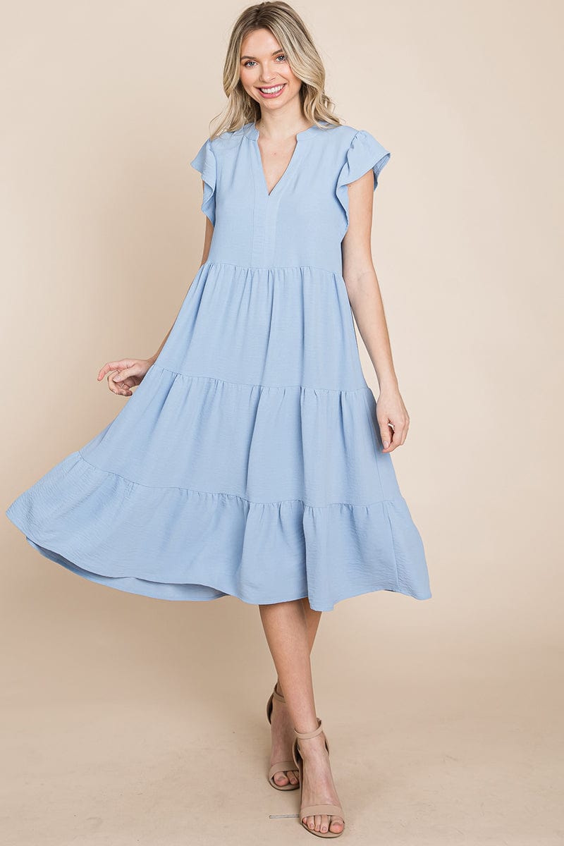 Ruffle Sleeve V neck Tiered Midi Dress, S-3X