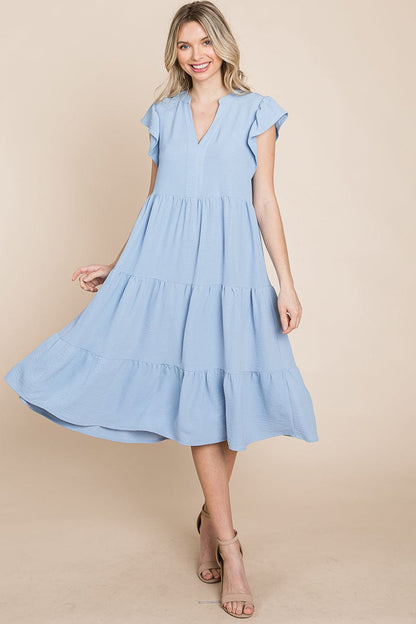 Ruffle Sleeve V neck Tiered Midi Dress, S-3X
