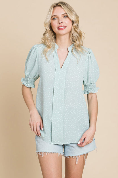 V neck Polka Dot Short Smocked Sleeve Blouse