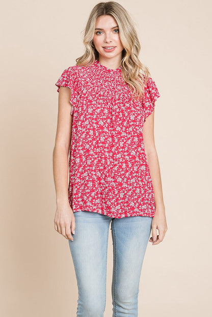Smocked Neck Flutter Sleeve Floral Printed Tops