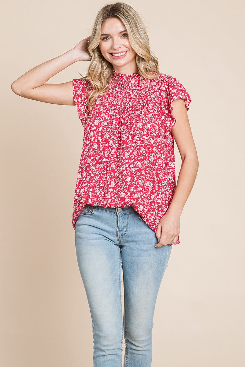 Smocked Neck Flutter Sleeve Floral Printed Tops