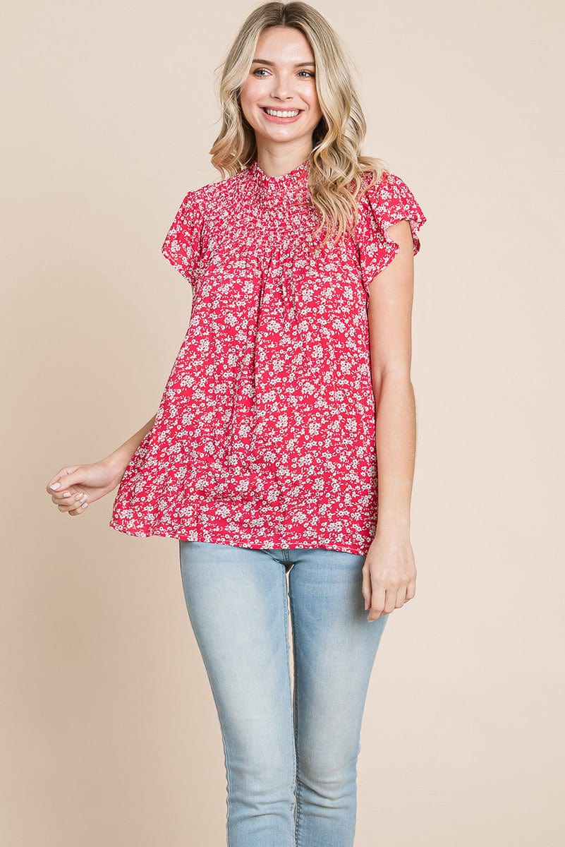 Smocked Neck Flutter Sleeve Floral Printed Tops