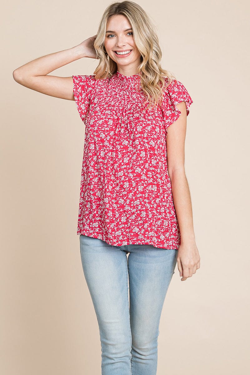 Smocked Neck Flutter Sleeve Floral Printed Tops