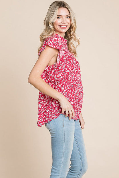 Smocked Neck Flutter Sleeve Floral Printed Tops