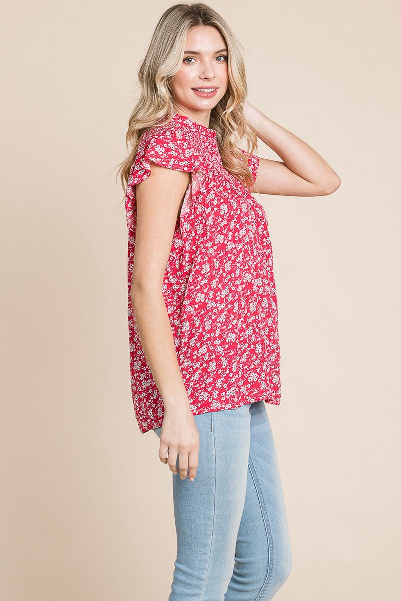 Smocked Neck Flutter Sleeve Floral Printed Tops
