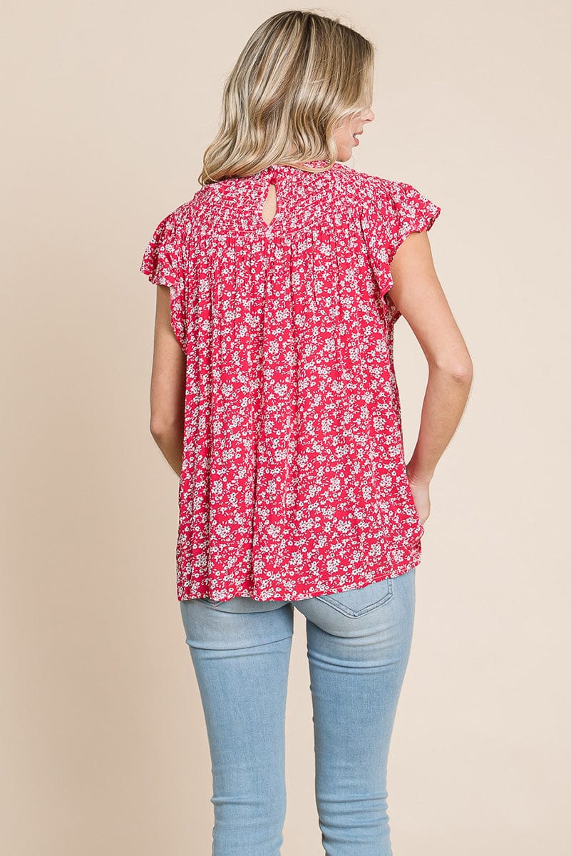 Smocked Neck Flutter Sleeve Floral Printed Tops
