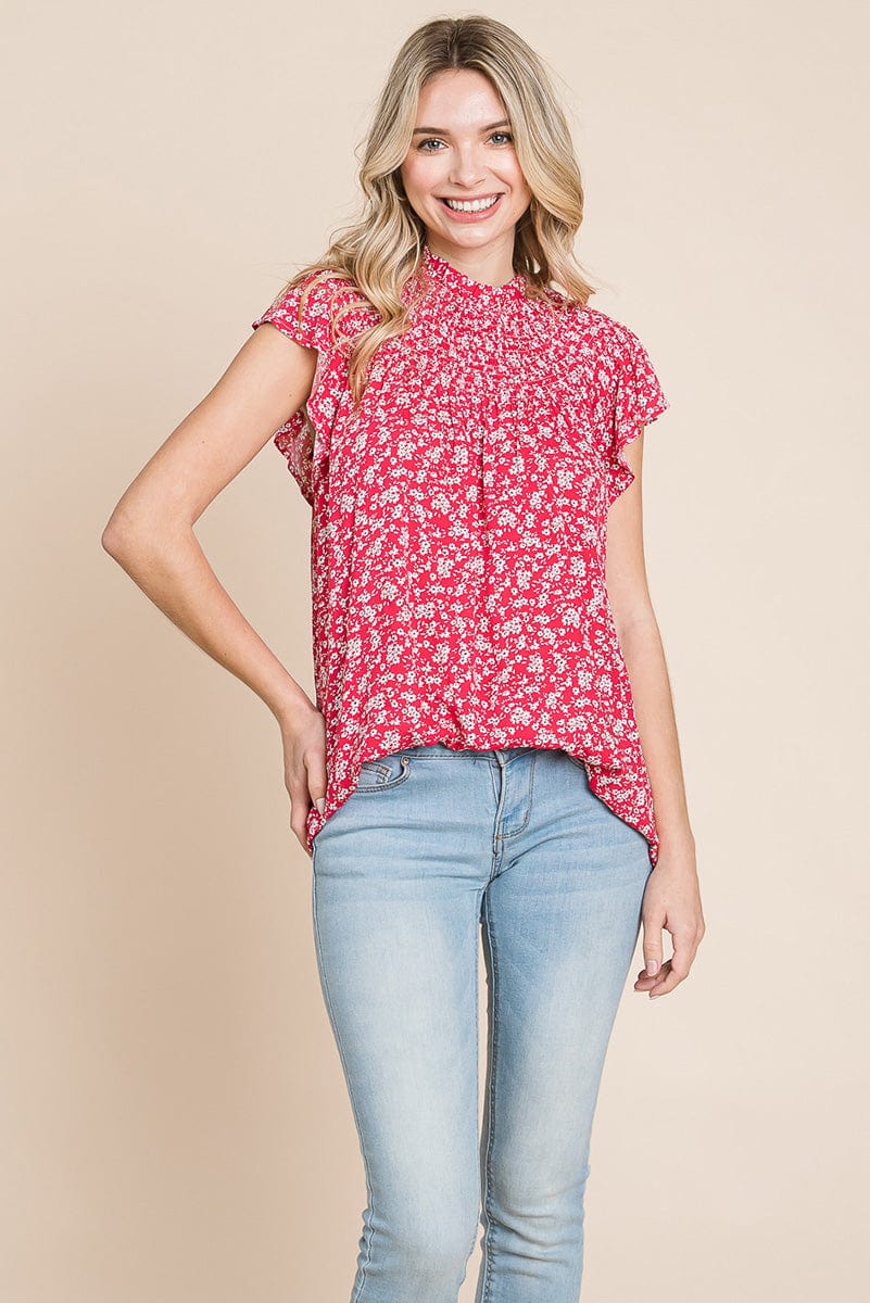 Smocked Neck Flutter Sleeve Floral Printed Tops