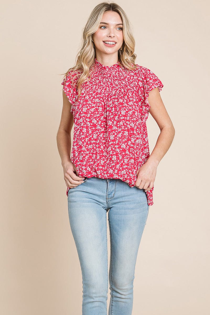 Smocked Neck Flutter Sleeve Floral Printed Tops