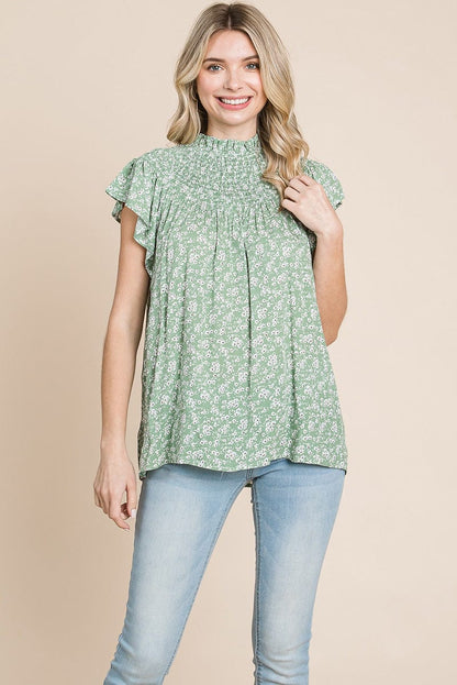 Smocked Neck Flutter Sleeve Floral Printed Tops