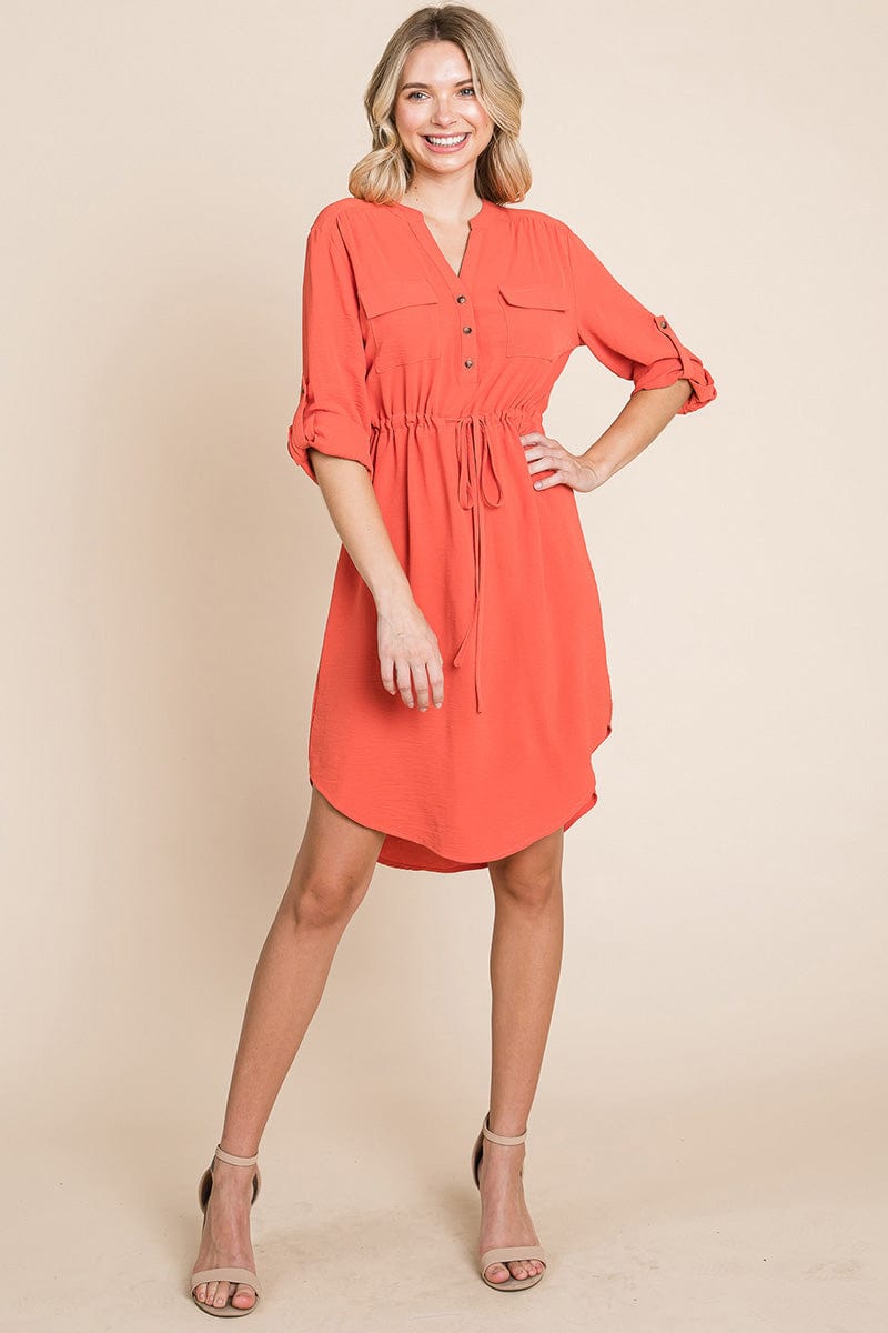 3/4 Sleeve Buttoned Waist Tie V Neck  Shirt Dress