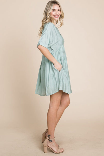 Tiered Dolman Sleeve V neck Babydoll Dress