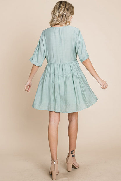 Tiered Dolman Sleeve V neck Babydoll Dress